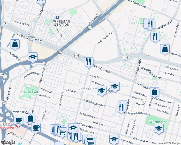 map of restaurants, bars, coffee shops, grocery stores, and more near 1191 Ayala Drive in Sunnyvale