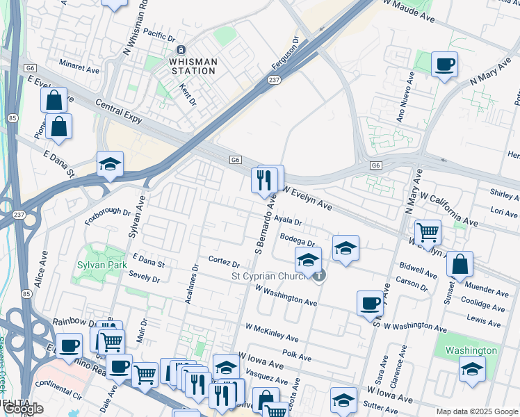 map of restaurants, bars, coffee shops, grocery stores, and more near 1209 Ayala Drive in Sunnyvale