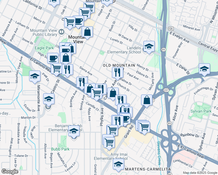map of restaurants, bars, coffee shops, grocery stores, and more near 725 Calderon Avenue in Mountain View