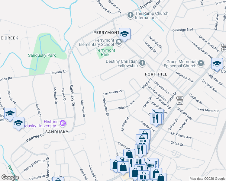 map of restaurants, bars, coffee shops, grocery stores, and more near 4917 Sycamore Place in Lynchburg