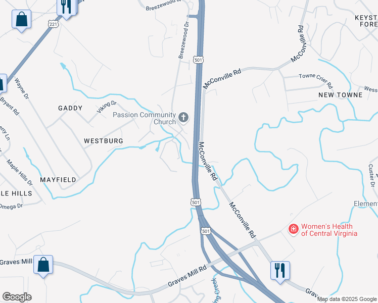 map of restaurants, bars, coffee shops, grocery stores, and more near 104 Stonemill Drive in Lynchburg