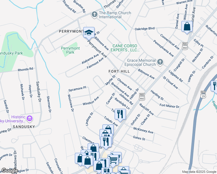 map of restaurants, bars, coffee shops, grocery stores, and more near 4702 Myrtle Street in Lynchburg