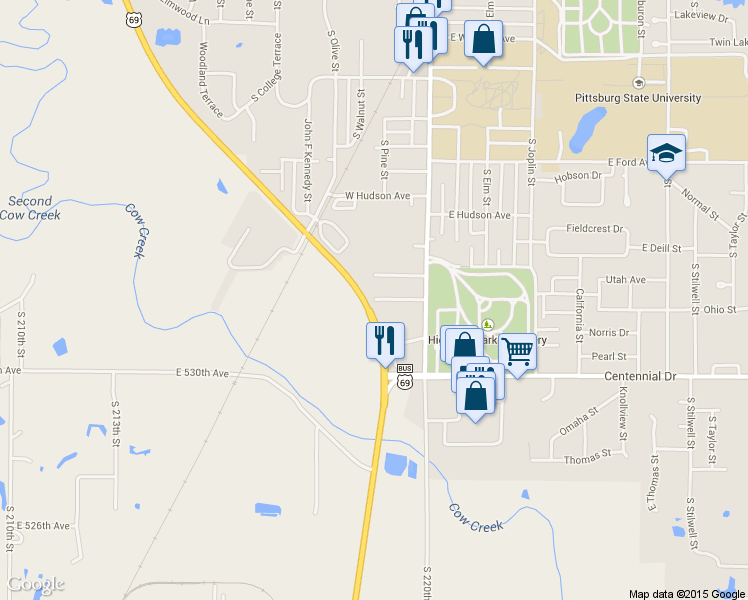 map of restaurants, bars, coffee shops, grocery stores, and more near 119 W Mead St in Pittsburg