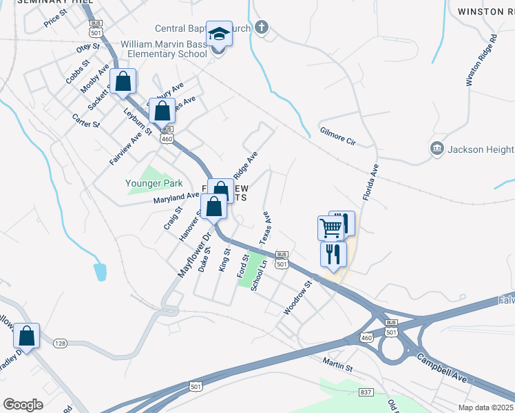 map of restaurants, bars, coffee shops, grocery stores, and more near 1727 Texas Avenue in Lynchburg