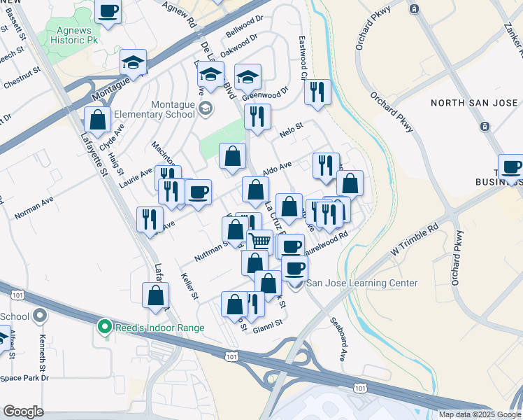 map of restaurants, bars, coffee shops, grocery stores, and more near 3390 De La Cruz Boulevard in Santa Clara