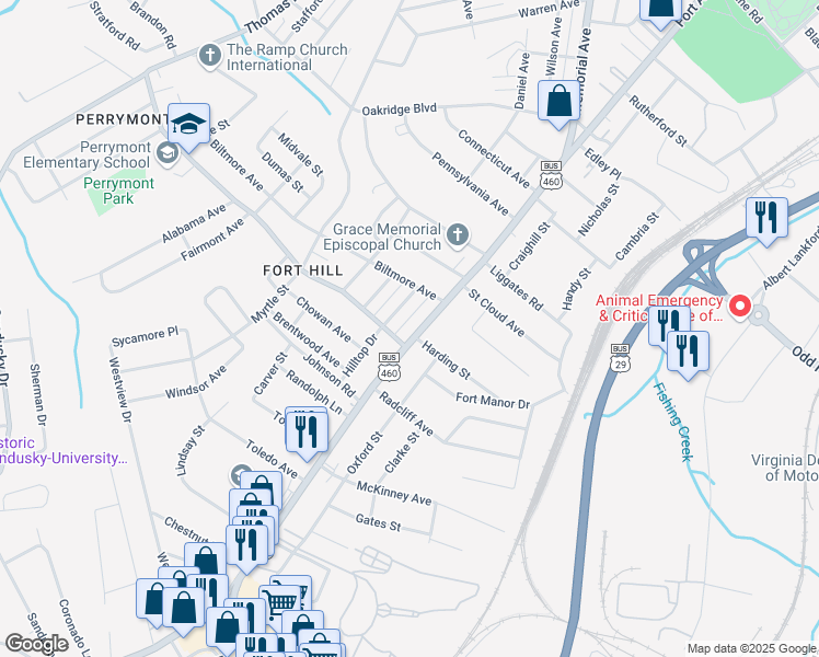 map of restaurants, bars, coffee shops, grocery stores, and more near 4373 Fort Avenue in Lynchburg