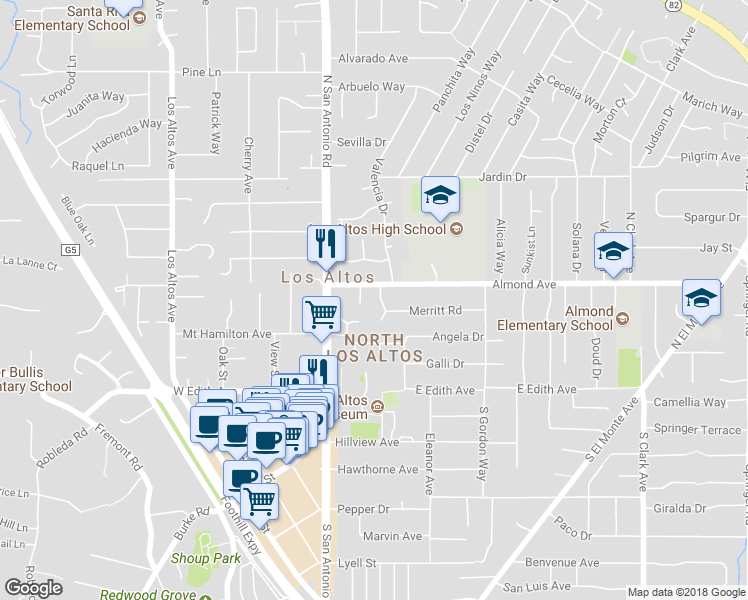 map of restaurants, bars, coffee shops, grocery stores, and more near 170 Frederick Court in Los Altos