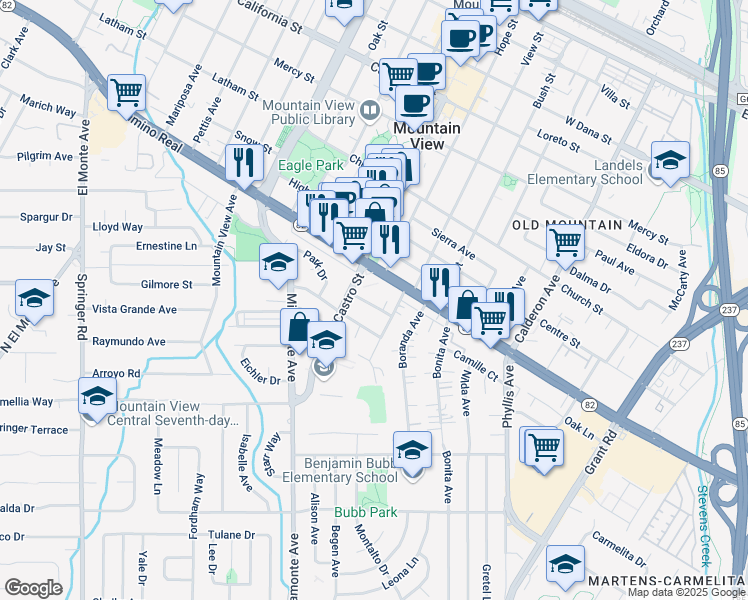 map of restaurants, bars, coffee shops, grocery stores, and more near 690 Victor Way in Mountain View