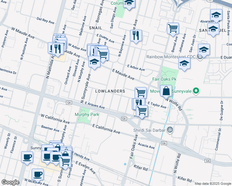 map of restaurants, bars, coffee shops, grocery stores, and more near 401 East Taylor Avenue in Sunnyvale