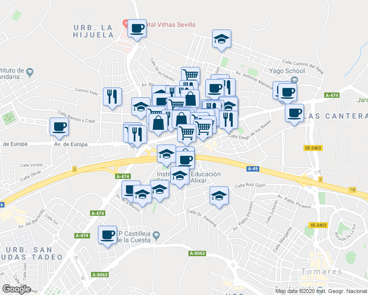 map of restaurants, bars, coffee shops, grocery stores, and more near 10 Calle Doctor Fleming in Castilleja de la Cuesta