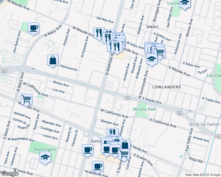 map of restaurants, bars, coffee shops, grocery stores, and more near 346 Dunsmuir Terrace in Sunnyvale