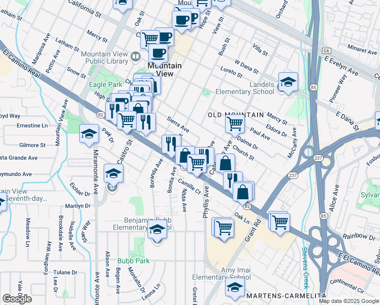 map of restaurants, bars, coffee shops, grocery stores, and more near 870 Shary Avenue in Mountain View