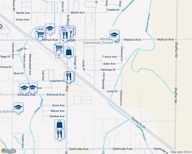 map of restaurants, bars, coffee shops, grocery stores, and more near 6739 Bruins Court in Winton
