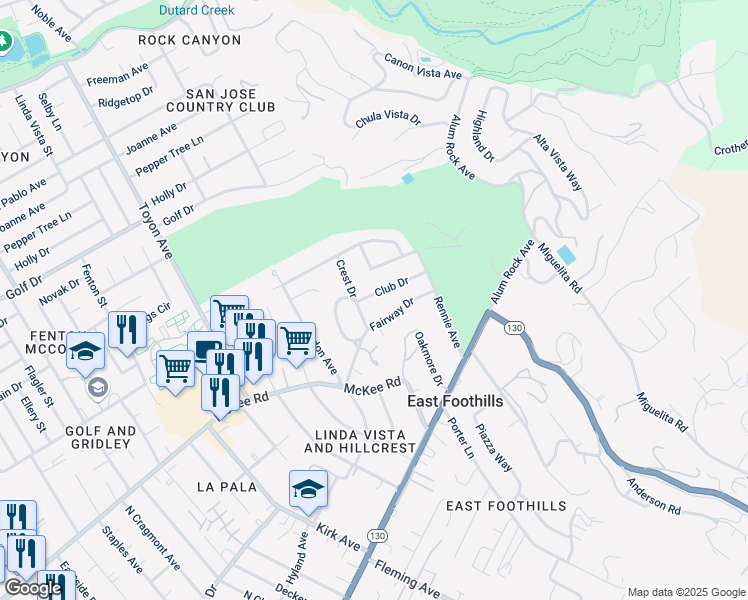map of restaurants, bars, coffee shops, grocery stores, and more near 5418 Club Drive in San Jose