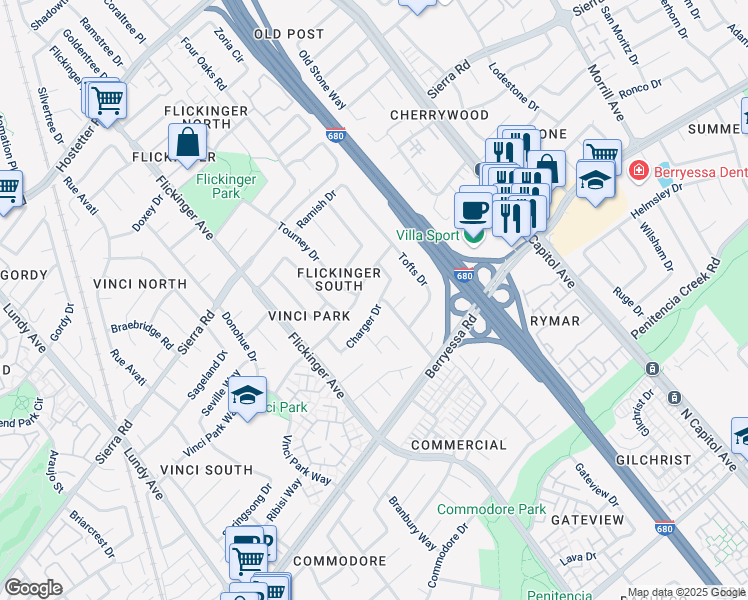 map of restaurants, bars, coffee shops, grocery stores, and more near 2201 Charger Drive in San Jose