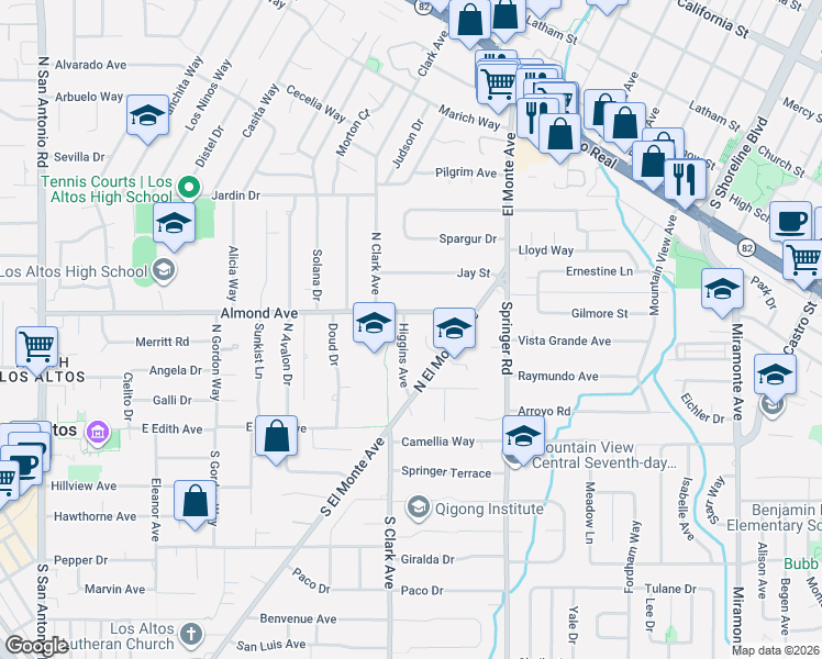 map of restaurants, bars, coffee shops, grocery stores, and more near 175 Higgins Avenue in Los Altos