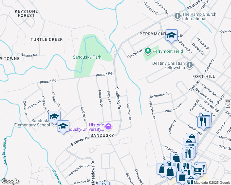 map of restaurants, bars, coffee shops, grocery stores, and more near 629 Sandusky Drive in Lynchburg
