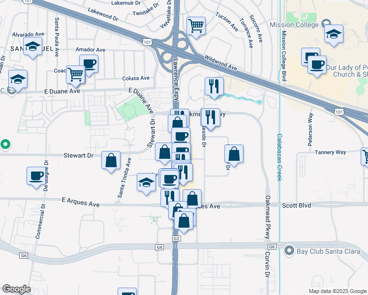 map of restaurants, bars, coffee shops, grocery stores, and more near 540 Lawrence Expressway in Sunnyvale
