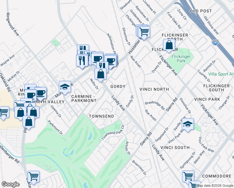 map of restaurants, bars, coffee shops, grocery stores, and more near 1511 Williamsport Drive in San Jose