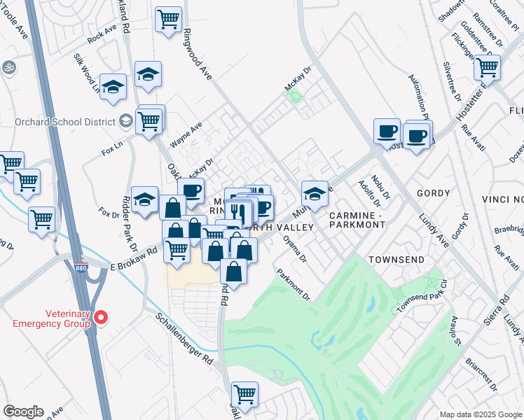 map of restaurants, bars, coffee shops, grocery stores, and more near 1331 Lakeshore Circle in San Jose