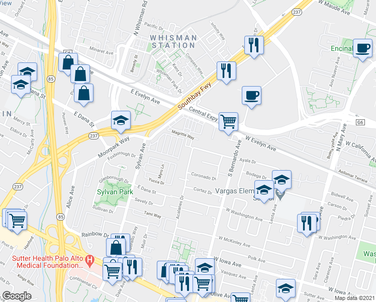 map of restaurants, bars, coffee shops, grocery stores, and more near 140 Acalanes Drive in Sunnyvale