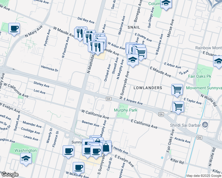 map of restaurants, bars, coffee shops, grocery stores, and more near 312 Stowell Avenue in Sunnyvale
