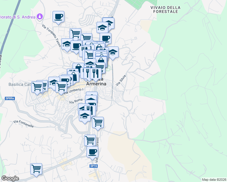 map of restaurants, bars, coffee shops, grocery stores, and more near 16 Via Cardinale Trigona in Piazza Armerina