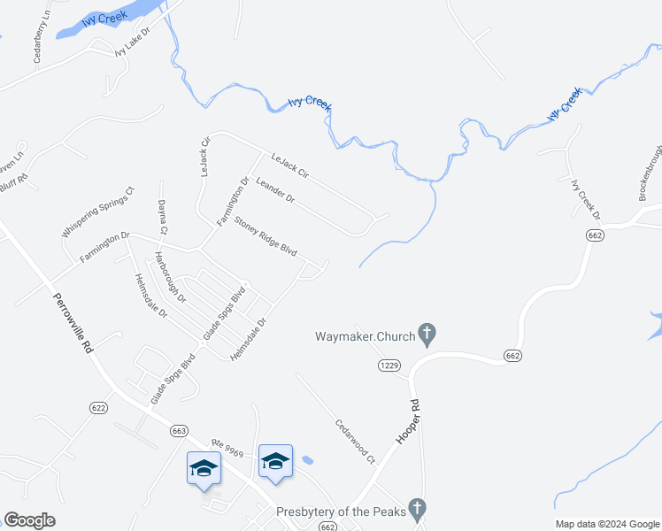 map of restaurants, bars, coffee shops, grocery stores, and more near 1300 Stoney Ridge Boulevard in Forest