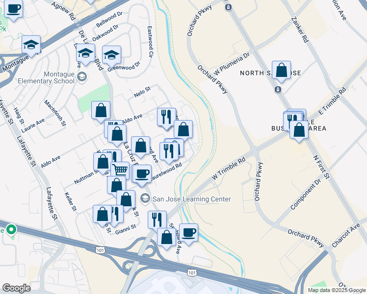 map of restaurants, bars, coffee shops, grocery stores, and more near 3250 Victor St in Santa Clara