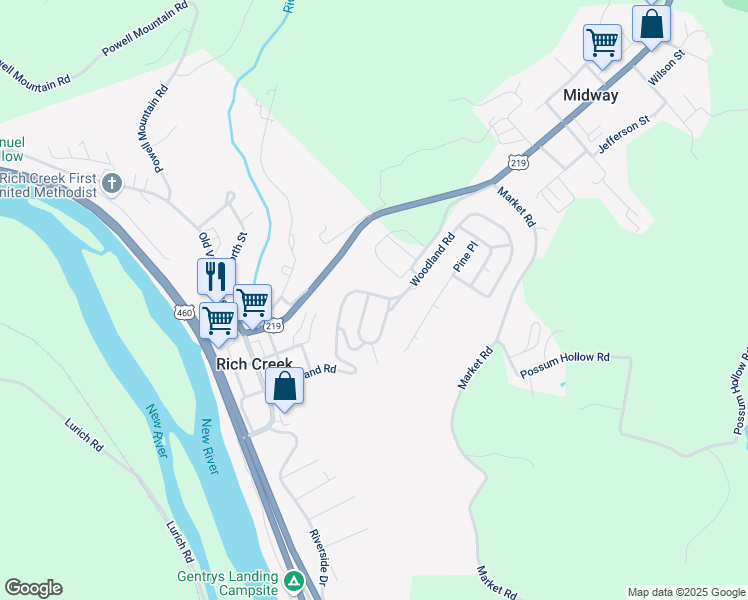 map of restaurants, bars, coffee shops, grocery stores, and more near 700 Mercer Road in Rich Creek