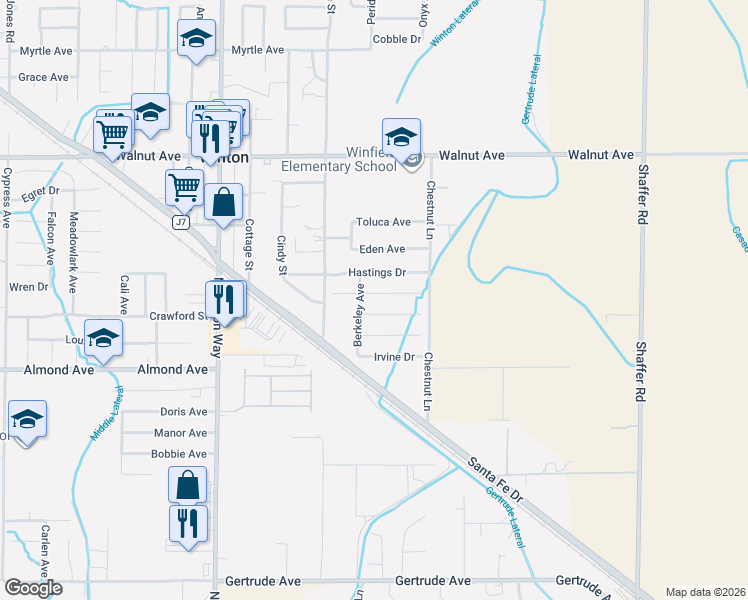 map of restaurants, bars, coffee shops, grocery stores, and more near 6631 Aggies Court in Winton