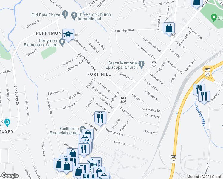 map of restaurants, bars, coffee shops, grocery stores, and more near 1018 Chowan Avenue in Lynchburg