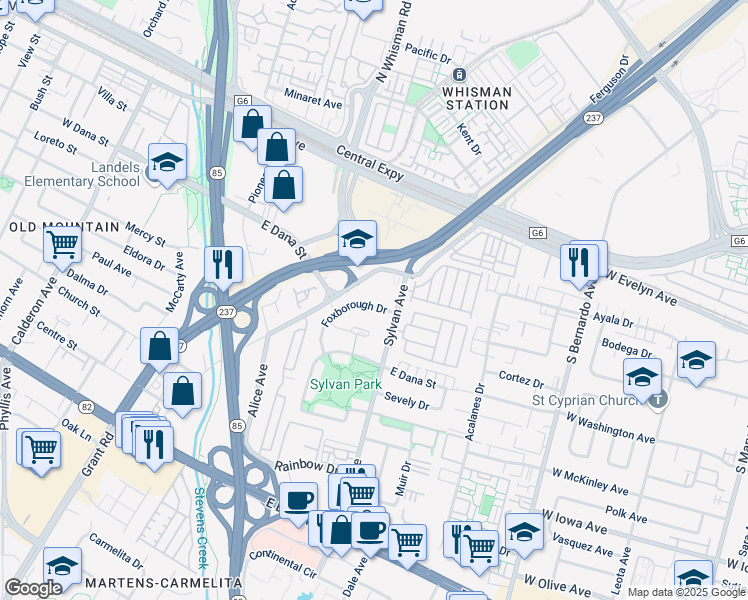 map of restaurants, bars, coffee shops, grocery stores, and more near 394 Foxborough Drive in Mountain View