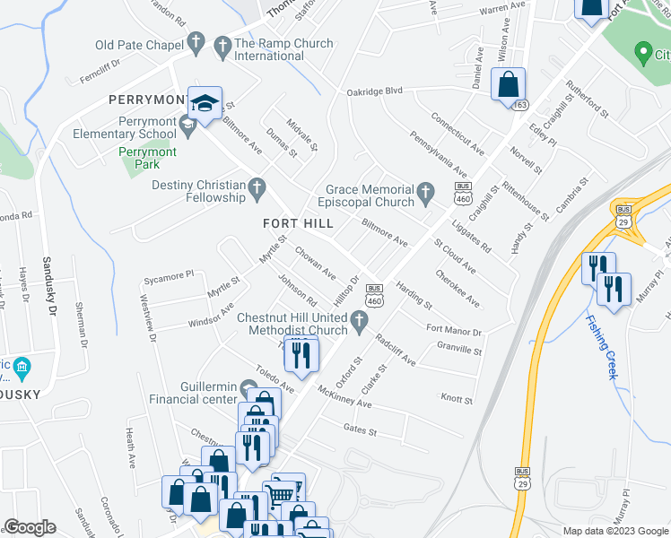 map of restaurants, bars, coffee shops, grocery stores, and more near 1018 Chowan Avenue in Lynchburg