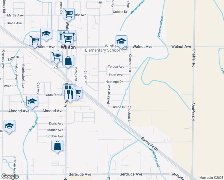 map of restaurants, bars, coffee shops, grocery stores, and more near 6639 Aggies Court in Winton