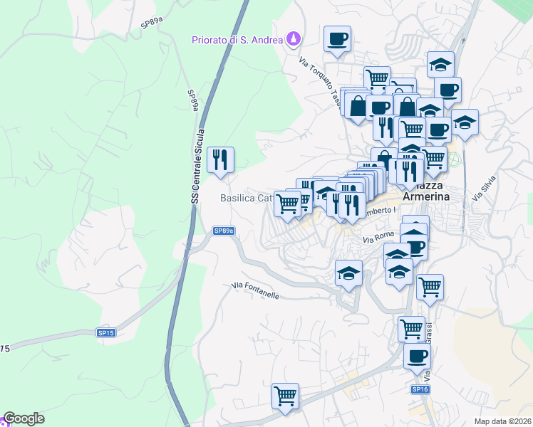 map of restaurants, bars, coffee shops, grocery stores, and more near 82 Via San Nicolò in Piazza Armerina