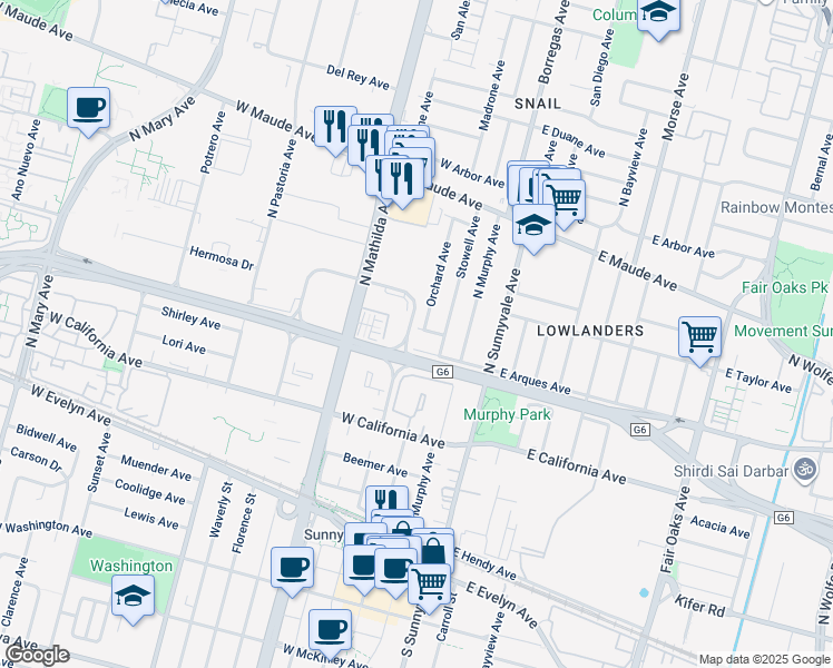 map of restaurants, bars, coffee shops, grocery stores, and more near 148 Walnut Avenue in Sunnyvale