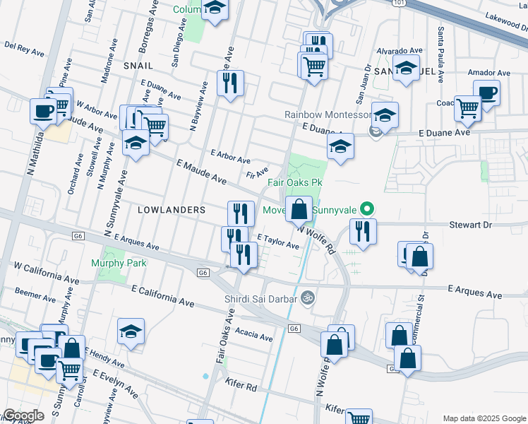 map of restaurants, bars, coffee shops, grocery stores, and more near 460 N Fair Oaks Ave in Sunnyvale