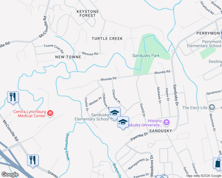 map of restaurants, bars, coffee shops, grocery stores, and more near 715 Chinook Place in Lynchburg