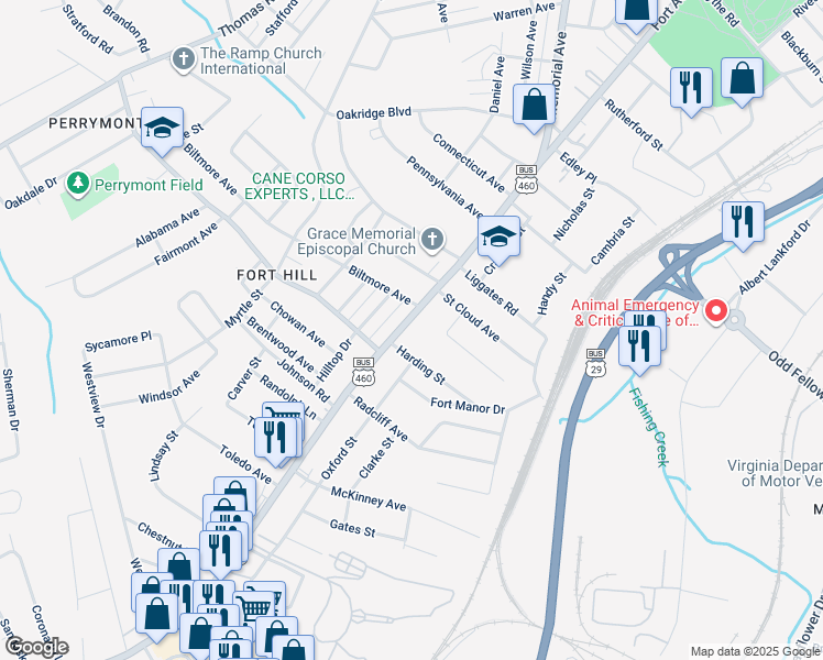 map of restaurants, bars, coffee shops, grocery stores, and more near 4346 Fort Avenue in Lynchburg