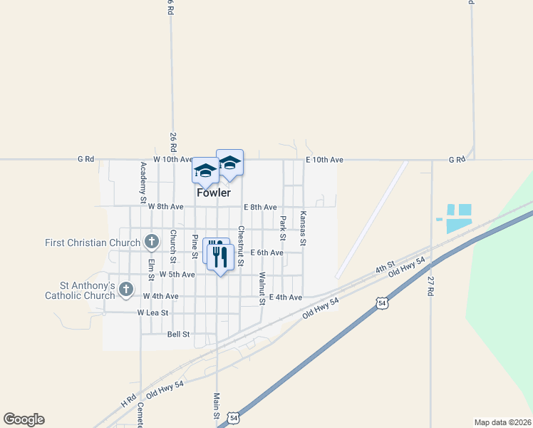 map of restaurants, bars, coffee shops, grocery stores, and more near 708 Walnut Street in Fowler