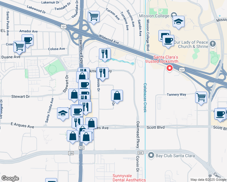 map of restaurants, bars, coffee shops, grocery stores, and more near 599 Mercury Drive in Sunnyvale