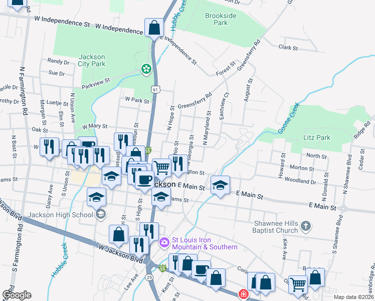 map of restaurants, bars, coffee shops, grocery stores, and more near 311 North Georgia Street in Jackson
