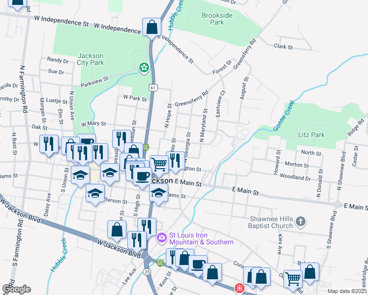map of restaurants, bars, coffee shops, grocery stores, and more near 311 North Georgia Street in Jackson