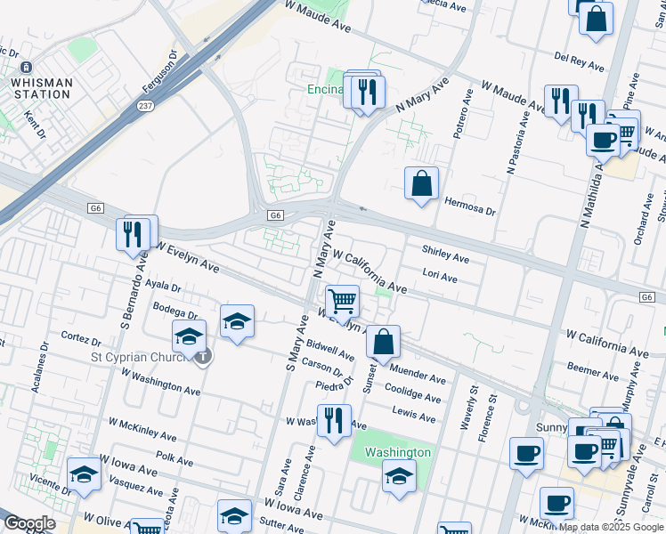 map of restaurants, bars, coffee shops, grocery stores, and more near 999 Belmont Terrace in Sunnyvale