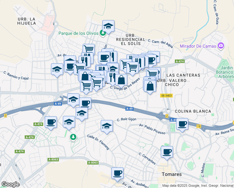 map of restaurants, bars, coffee shops, grocery stores, and more near 4 Calle Miguel Delibes in Castilleja de la Cuesta