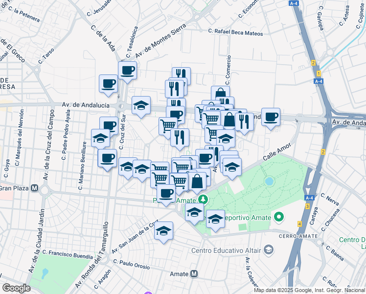 map of restaurants, bars, coffee shops, grocery stores, and more near 22 Calle Estornino in Sevilla
