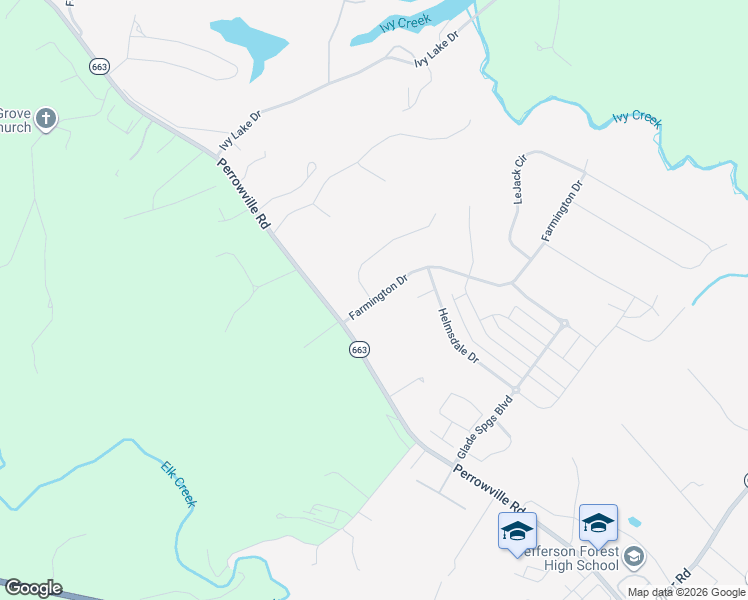 map of restaurants, bars, coffee shops, grocery stores, and more near 1091 Farmington Drive in Forest