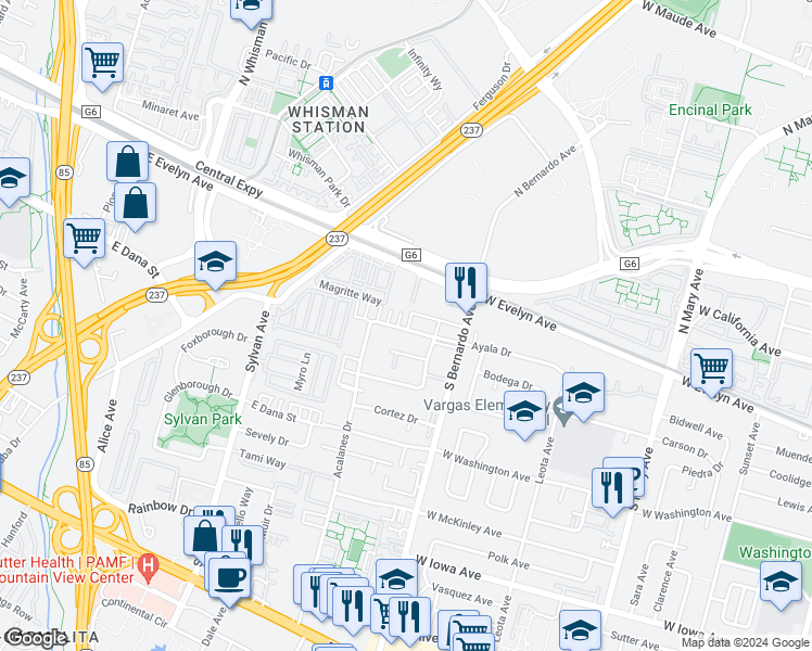 map of restaurants, bars, coffee shops, grocery stores, and more near 1257 Ayala Drive in Sunnyvale