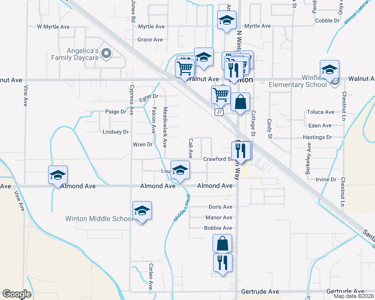 map of restaurants, bars, coffee shops, grocery stores, and more near 6665 Cali Avenue in Winton